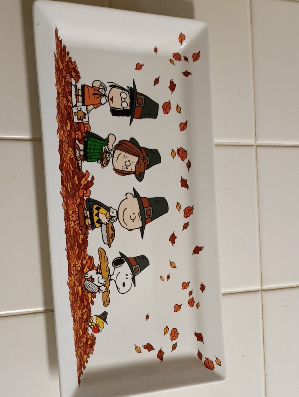 Peanuts Thanksgiving Ceramic Serving Tray - White with Fall Leaves